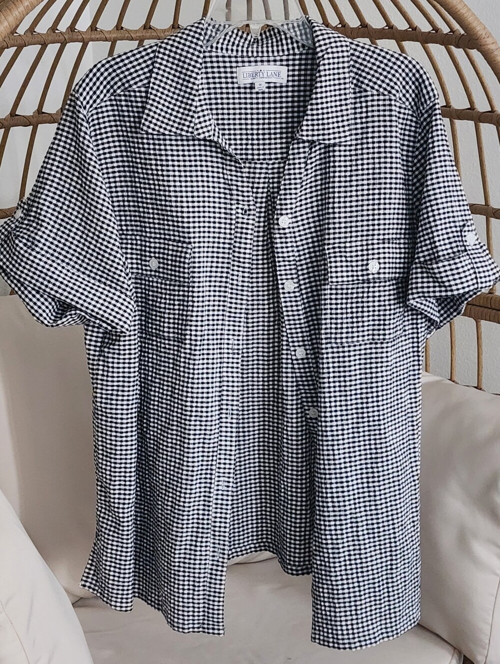 Liberty Lane Womens Black/White Roll Tab Short Sleeve Pockets Button Shirt Sz 1X